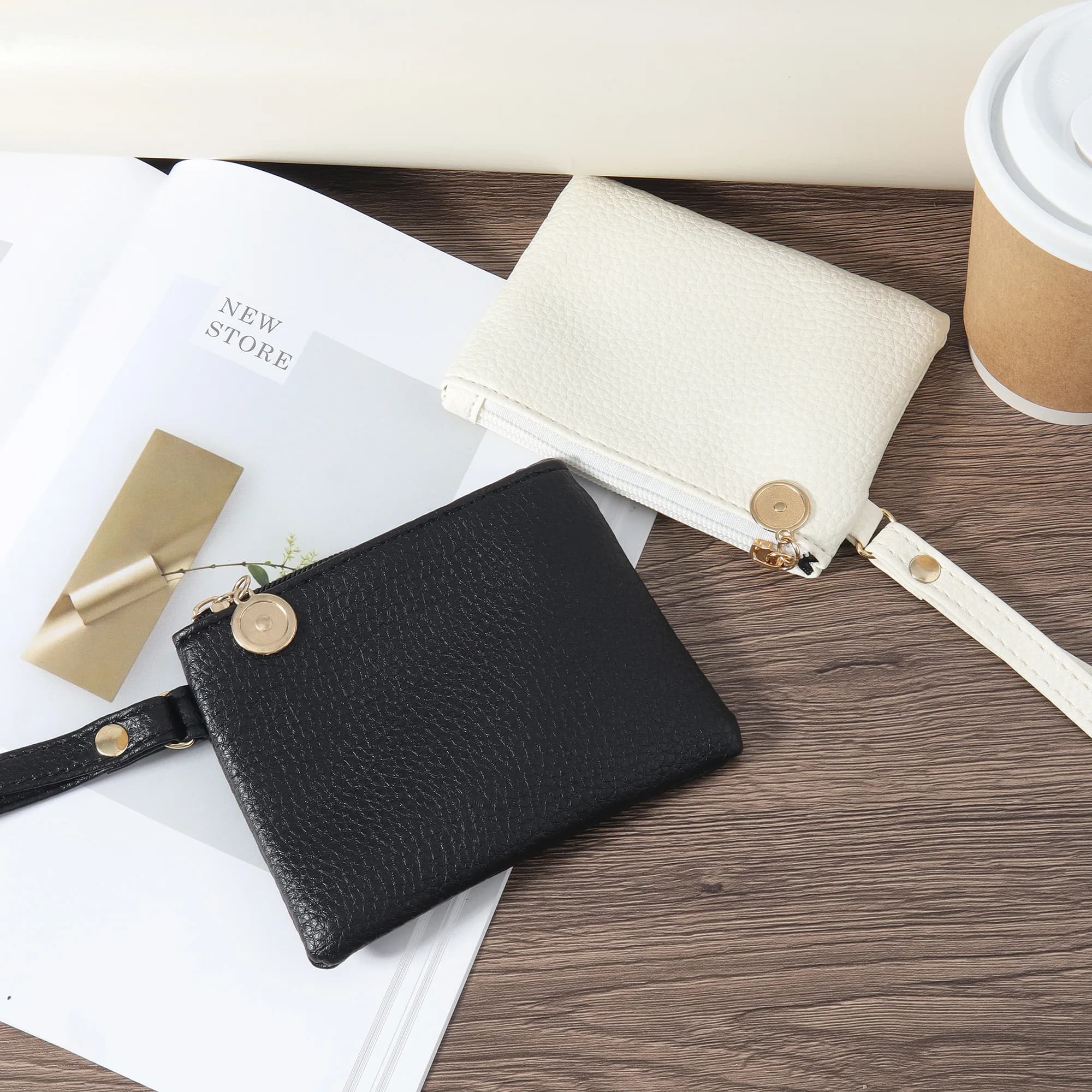 Fashionable solid color handbag, stylish large capacity wallet, women's multi-functional zipper handbag with wrist strap