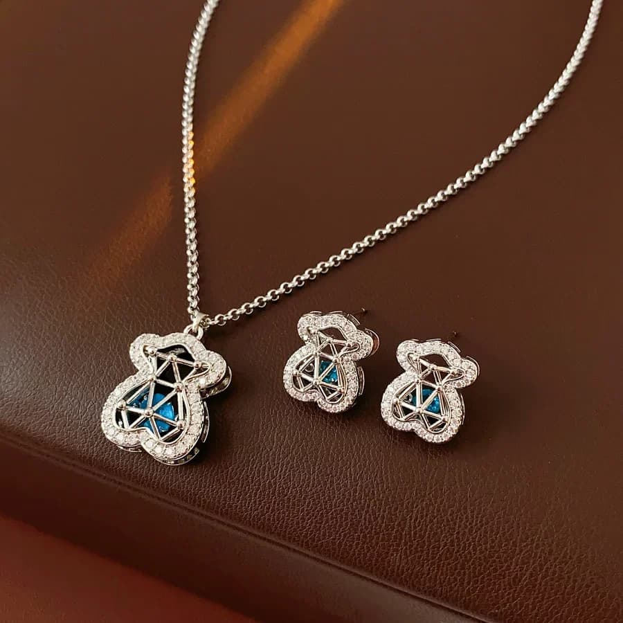 1/2 Pcs Titanium Steel Blue Zircon Hollow Bear Pendant Necklaces for Women Cute Stud Earrings Jewelry Sets Gifts Friends N