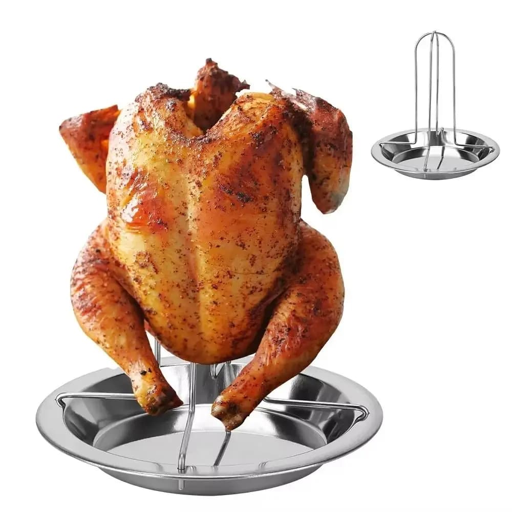 Chicken Roaster Rack Non-stick Grilled Chicken Plate Roasting Grill Stand Kitchen Outdoor BBQ Tools Roaster Rack with Tray