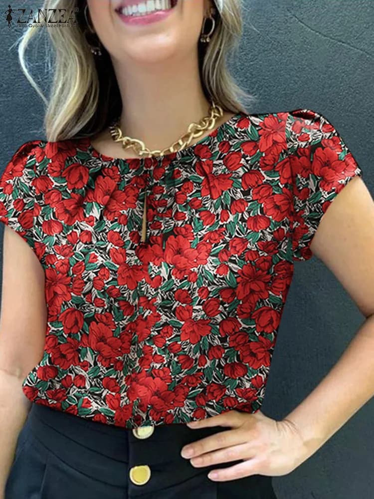 ZANZEA floral printed blouse bohémien summer Casual pleated design top woman elegant short sleeve shirt woman holiday Blusas