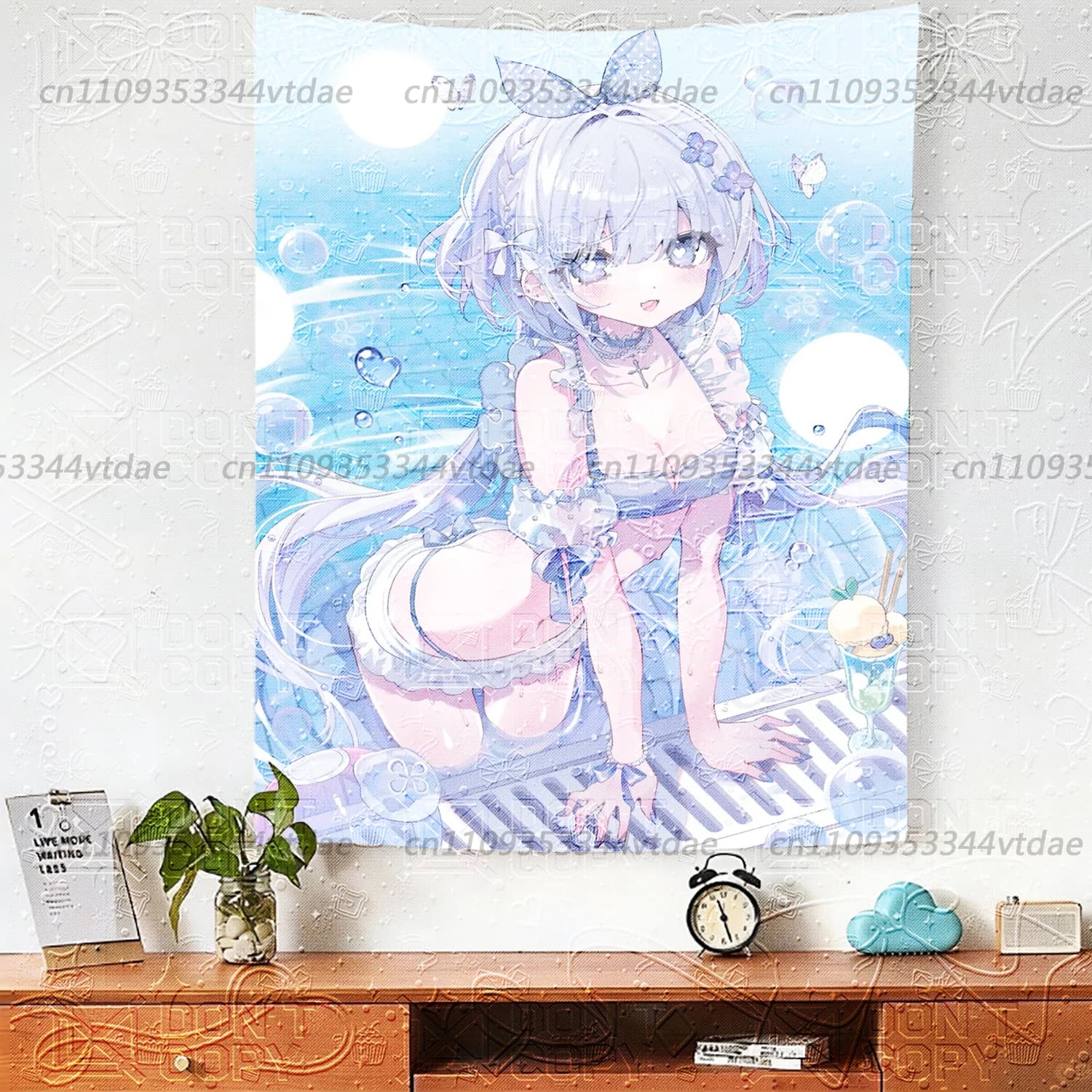 Kawaii Blue White Anime Girl Tapestry, Summer Pool Swimsuit Wall Hanging, Pastel Aesthetic Background Cloth for Bedroom Dorm