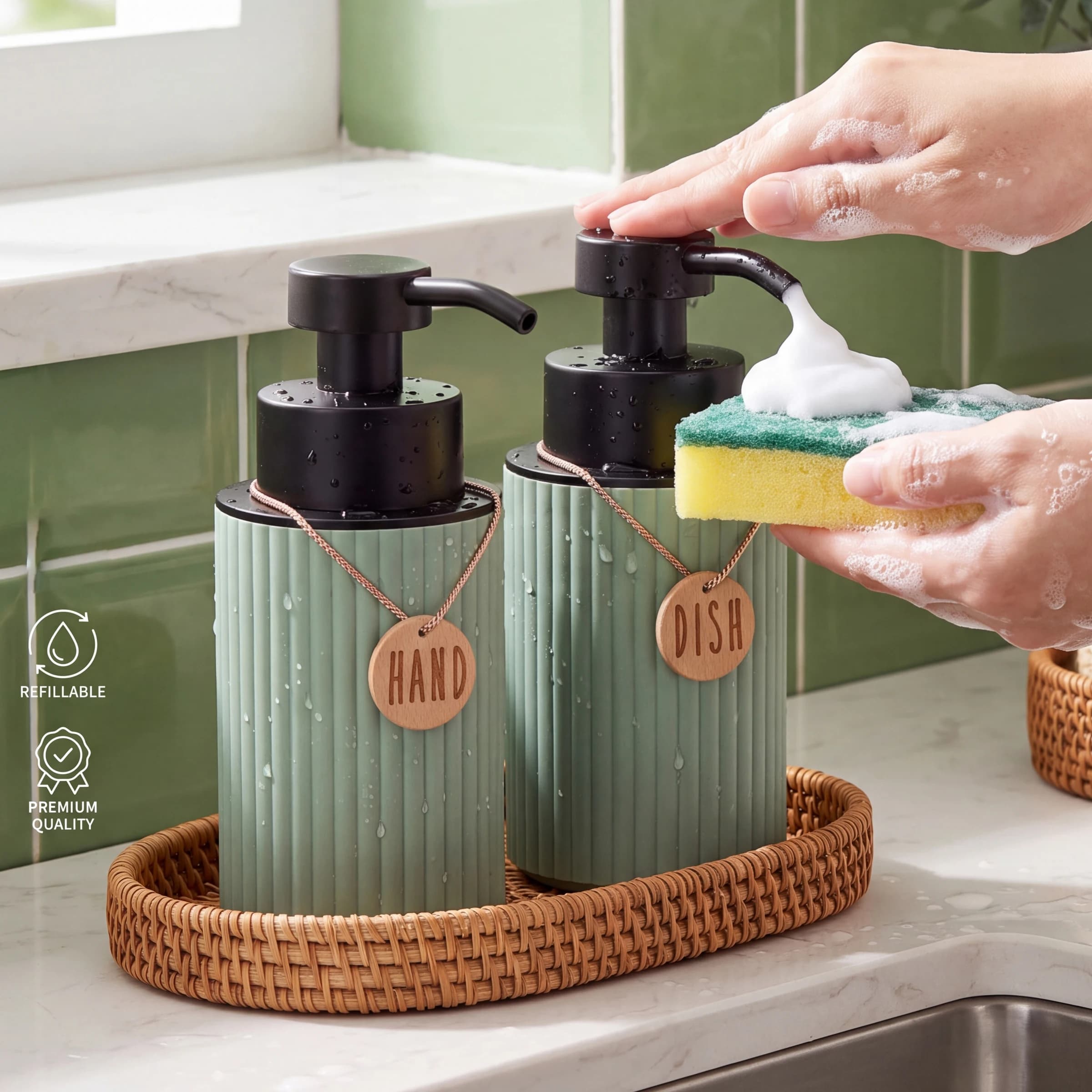2Pcs/set Kitchen Dish and Hand Soap Dispenser with Tag, Refillable Kitchen Sink Storage Bottles for Apartment Essentials