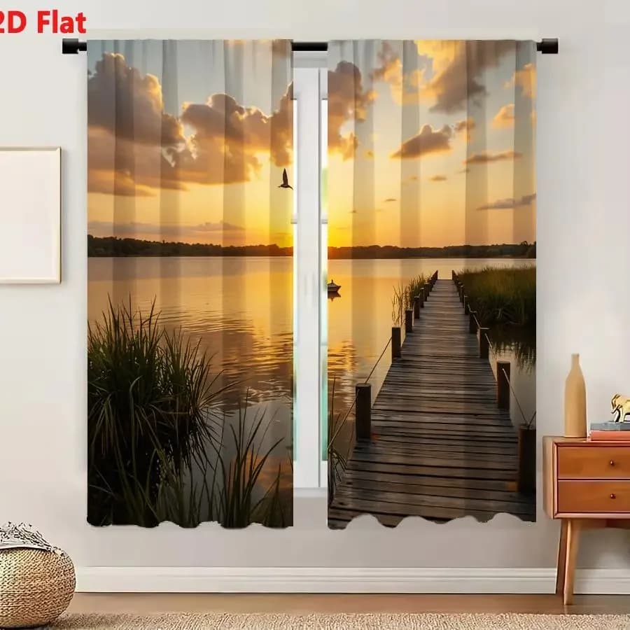 2Pcs Curtains 2D Flat Serene Sunset Over Calm Lake With Wooden Dock And Floating Boat Window Drapes for Bedroom Room Decor Decor