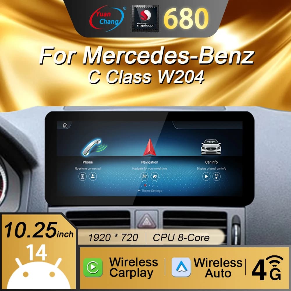 Per Mercedes Benz Classe C W204 10.25 POLLICI Autoradio Android 14 Wireless Carplay Snapdragon 680 SM6225 Touch Screen WIFI 4G GPS