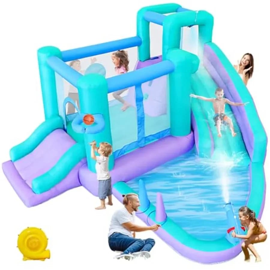 Inflatable Bounce House Water Slide, 141 x 138 x 78 Inches Blow Up Water Slides, Splash Pool, Basketball, Ring Toss Game, Targe