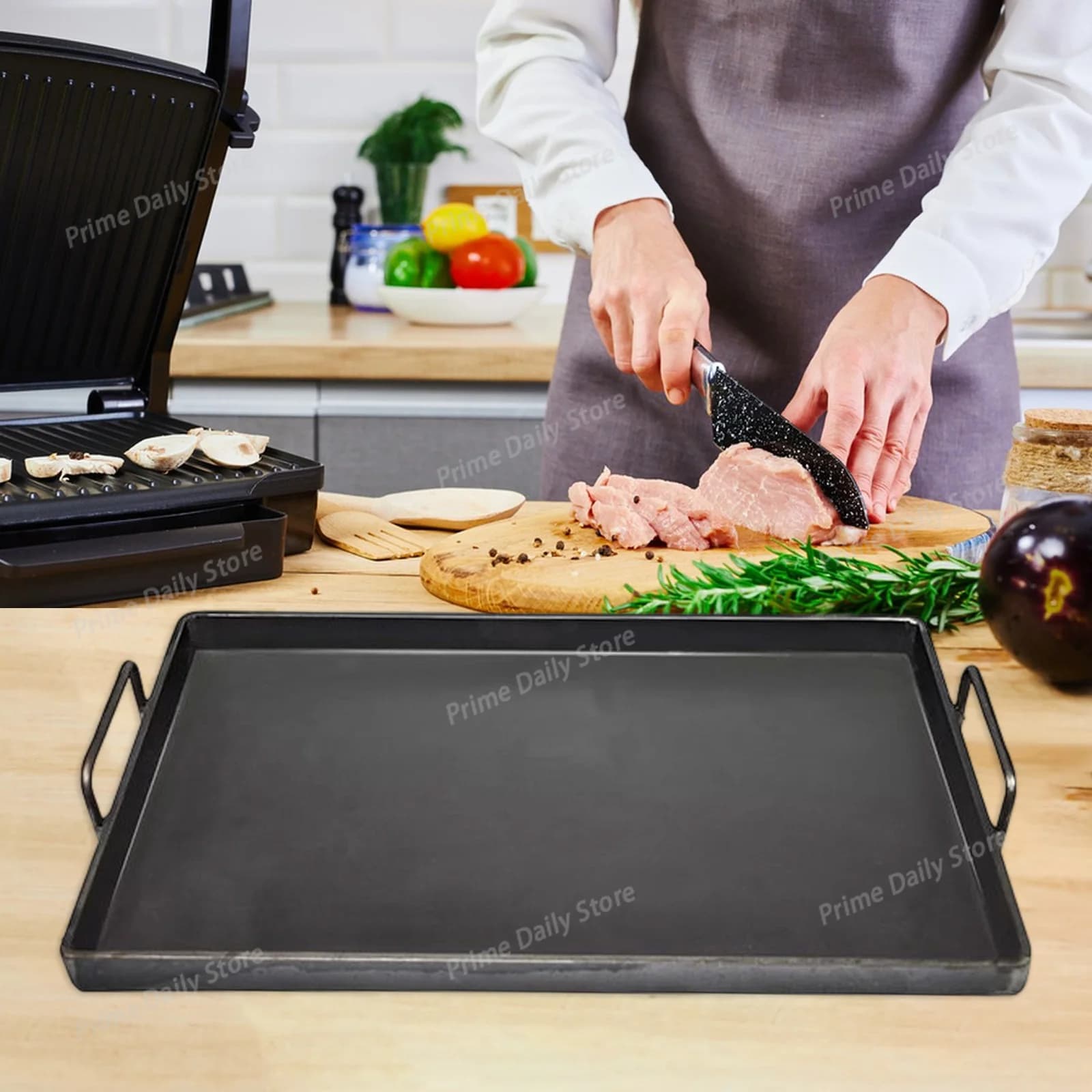 BBQ Griddle Cookware, easy-clean portable flat grilling platter, cast iron frying board for outdoor roasting preparation