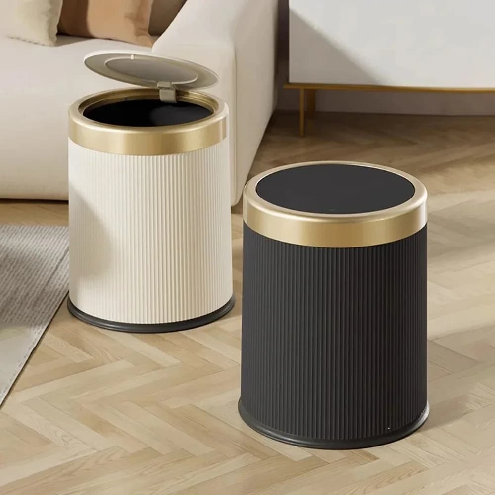 Bidone della spazzatura rotondo di lusso leggero con coperchio per ufficio, soggiorno, bagno, bidone della spazzatura rotondo con secchio interno rimovibile