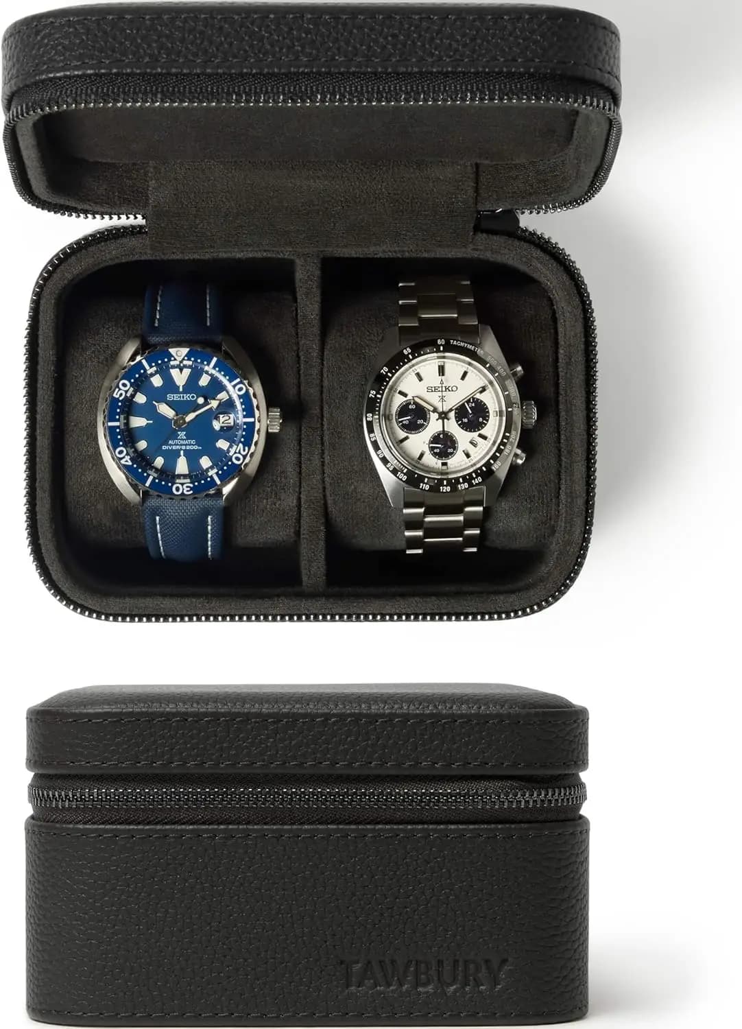 Custodia per Orologi da Uomo e Donna, Scatola da Viaggio a 2 Scomparti con Esterno in Vera Pelle Pieno Fiore, Cerniera in Metallo, Cuscini Extra Larghi per