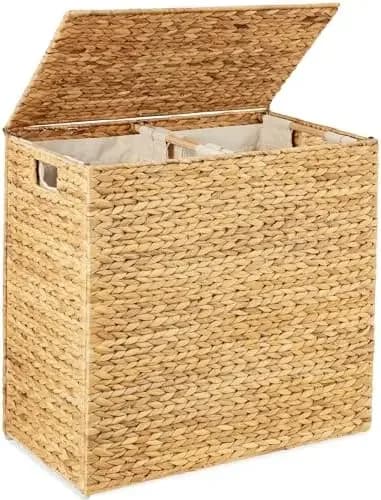 Large Double Laundry Hamper with Lid, Natural Handwoven Water Hyacinth, 2 Sections w/ 2 hine Washable Linen Liner Bags