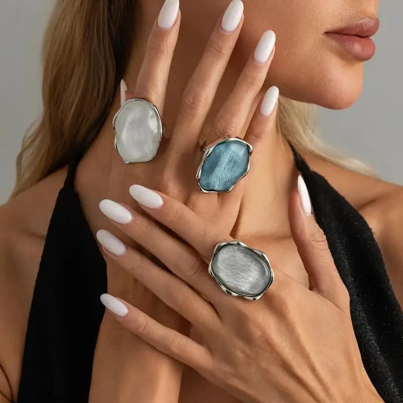 Vintage Blue Water Ripple Gemstone Resin Finger Rings For Women Hyperbole Trendy Geometric Alloy Ring Jewelry Accessories Gift