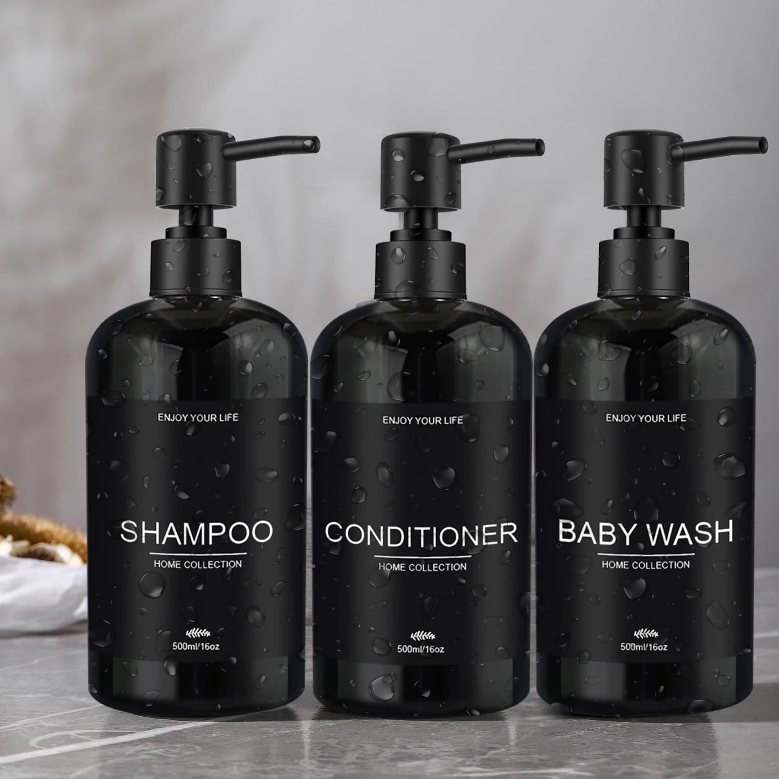 Balsamo per shampoo vuoto ricaricabile da bagno da 3 pezzi e bottiglia di sapone per il lavaggio del corpo, dispenser per shampoo per decorazioni per la casa in bianco e nero