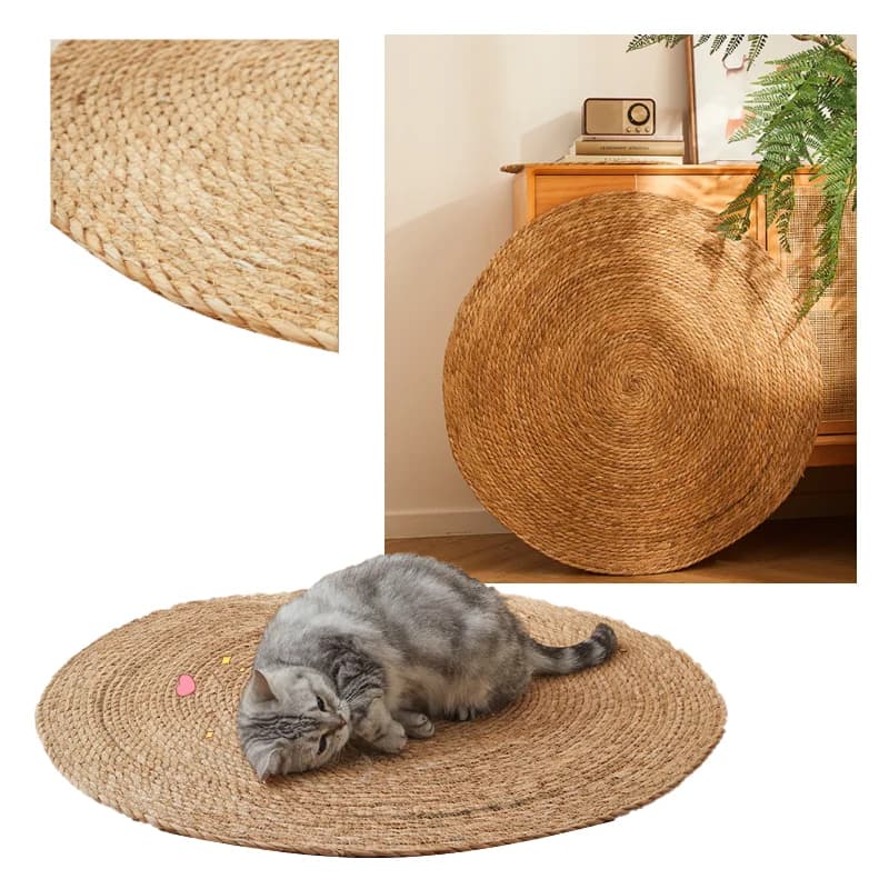 Lettiera per gatti rotonda intrecciata a mano Rattan Cat Puppy Nest Summer Cooling Pad Kitten Scratching Mat corda di cotone lavabile