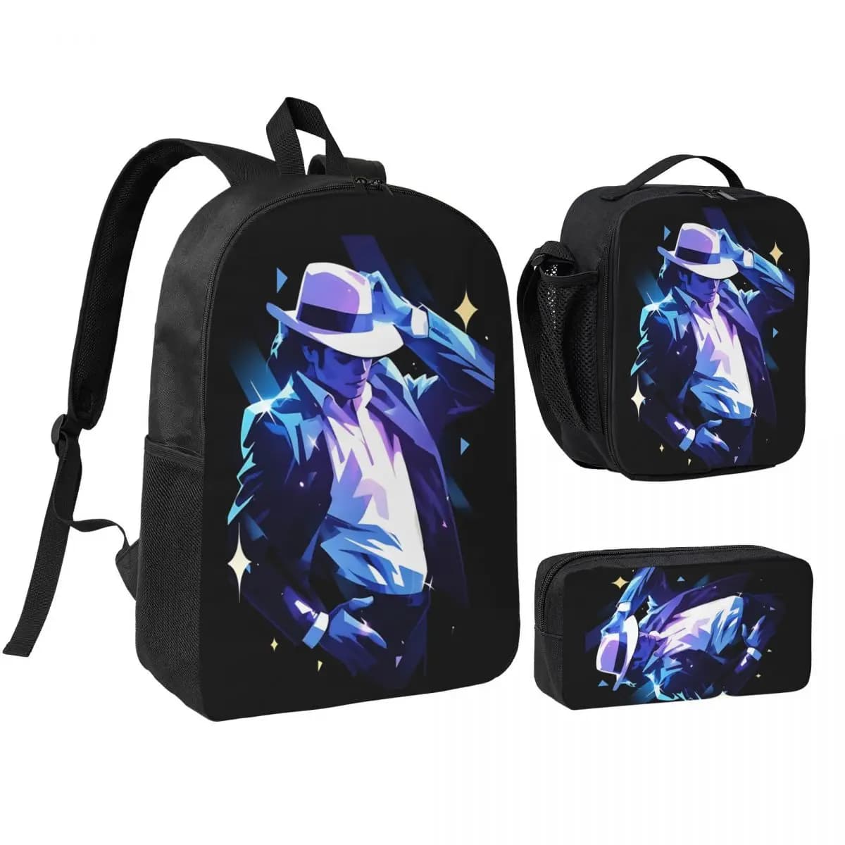 3pecs/set MJ Pop Backpack for Teenage College Canvas Bags Lunch bag Pencil Case