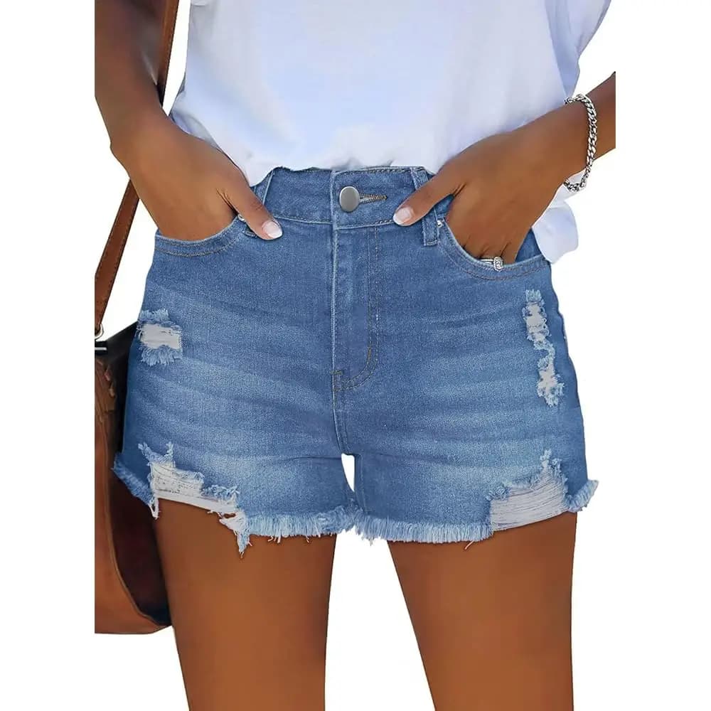 Shorts in denim da donna a vita media-alta, strappati, elasticizzati, effetto distressed, estivi