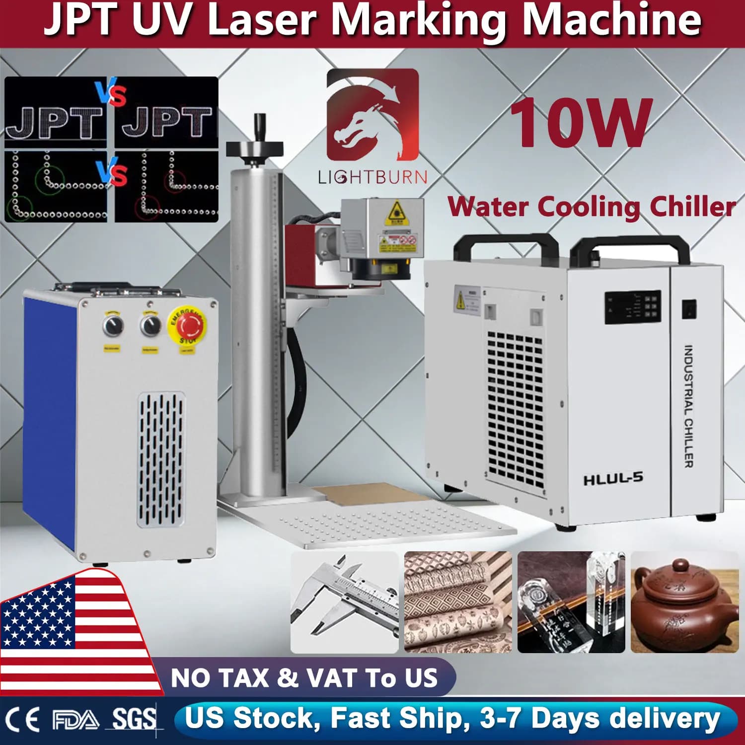 JPT 355nm 5W 10W 15W 20W UV Laser Engraving Machine with Water Cooling System for Glass Marking, Wood, Acrylic, Leather, PVC, Metal