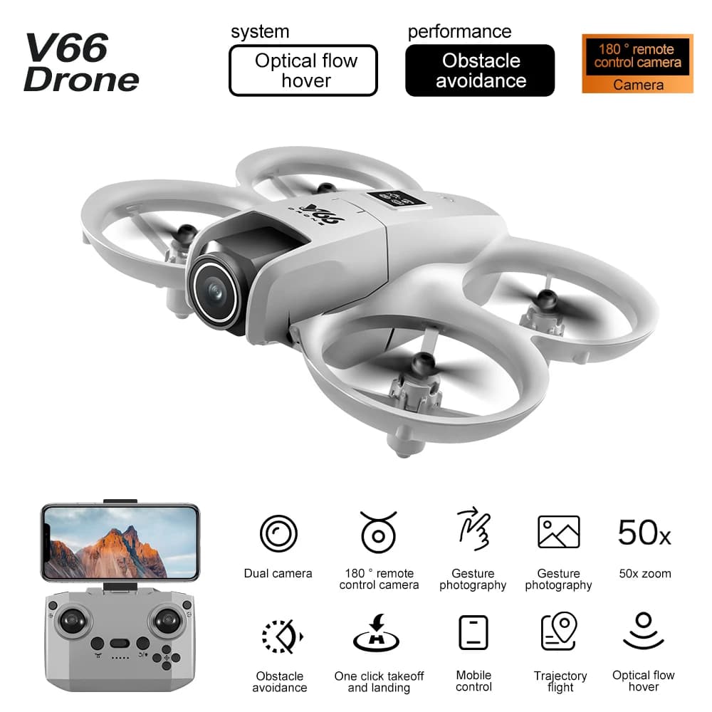 Drone RC V66 4K HD con Telecamera Grandangolare WiFi FPV, Mantenimento dell'Altitudine, Quadricottero Pieghevole per Bambini, Giocattolo Elicottero Regalo
