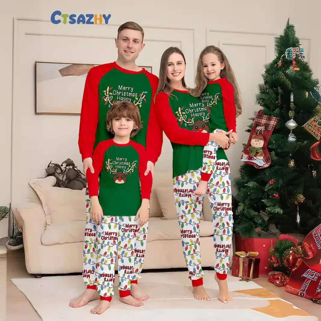 2025 Nuovo pigiama natalizio in due pezzi abbigliamento per la famiglia per genitori e bambini, pigiama in cotone a maniche lunghe con scollo tondo