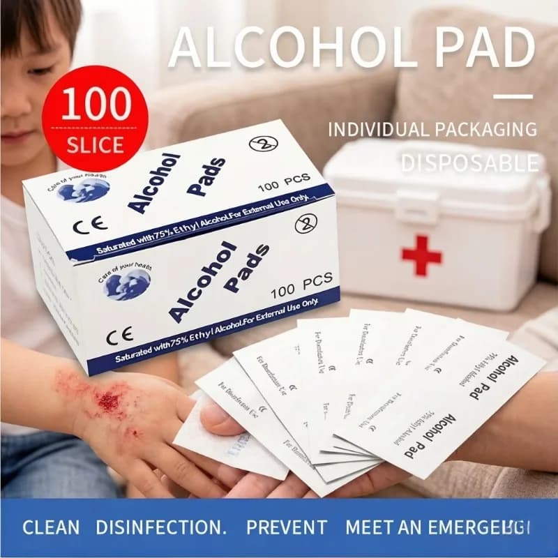 Kit di pronto soccorso essenziale, tamponi con alcol al 75% 100 pezzi per confezione, prodotti per la disinfezione e la pulizia delle ferite cutanee