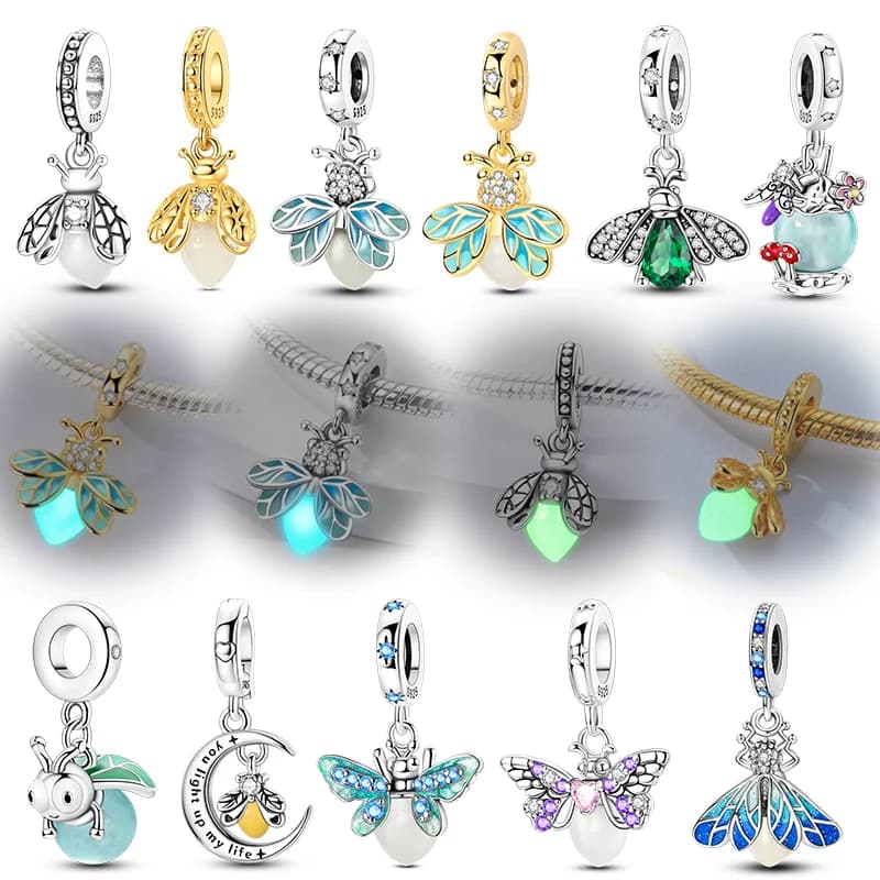 Ciondoli e Perline in Argento Sterling 925, Pendenti Luminosi a Forma di Lucciola, Compatibili con Bracciali Originali, Gioielli da Donna, Regalo Fai-da-Te