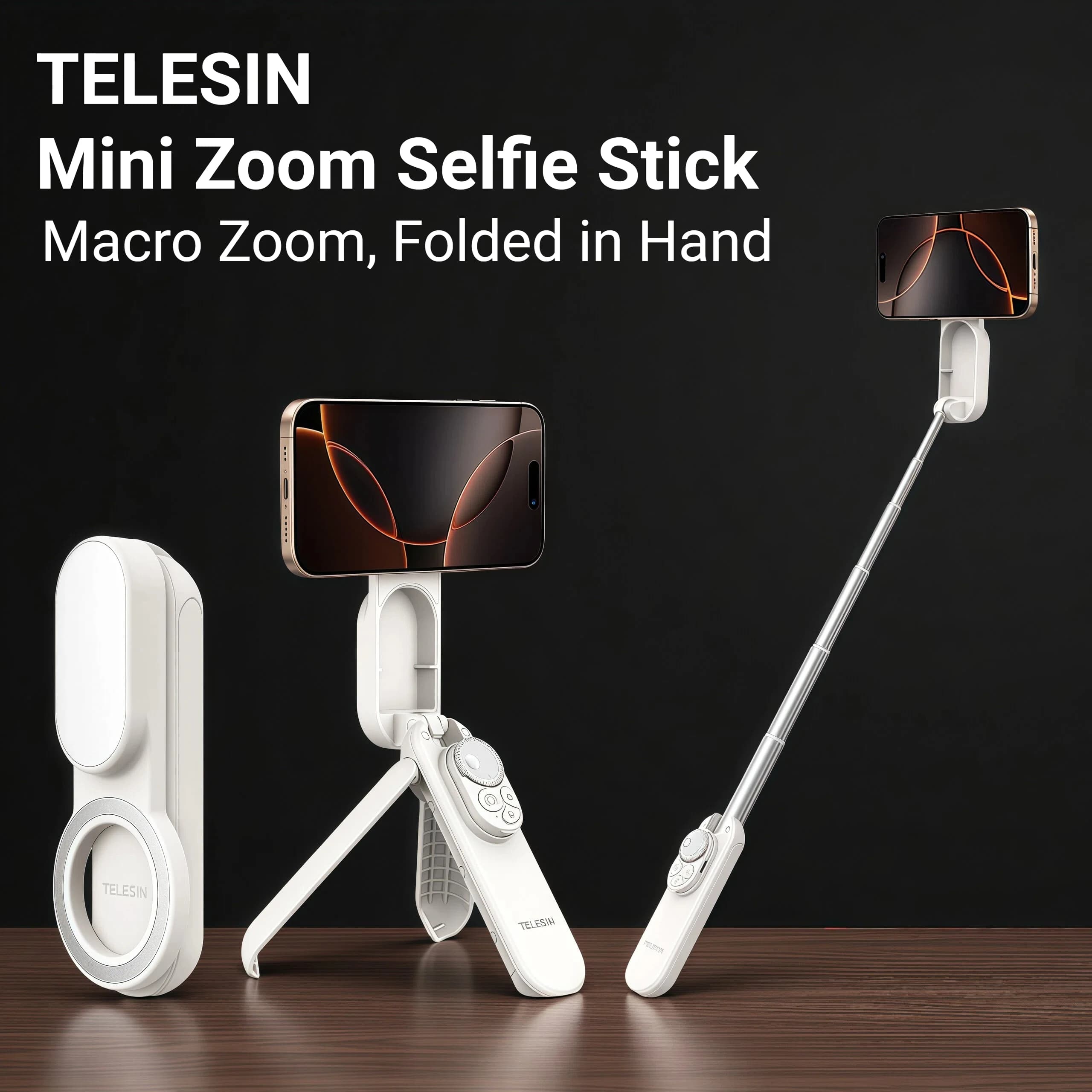 TELESIN Mini Zoom Selfie Stick magnetico Mini treppiede Macro Zoom, piegato in mano, palo in alluminio leggero si estende fino a 0,6 m