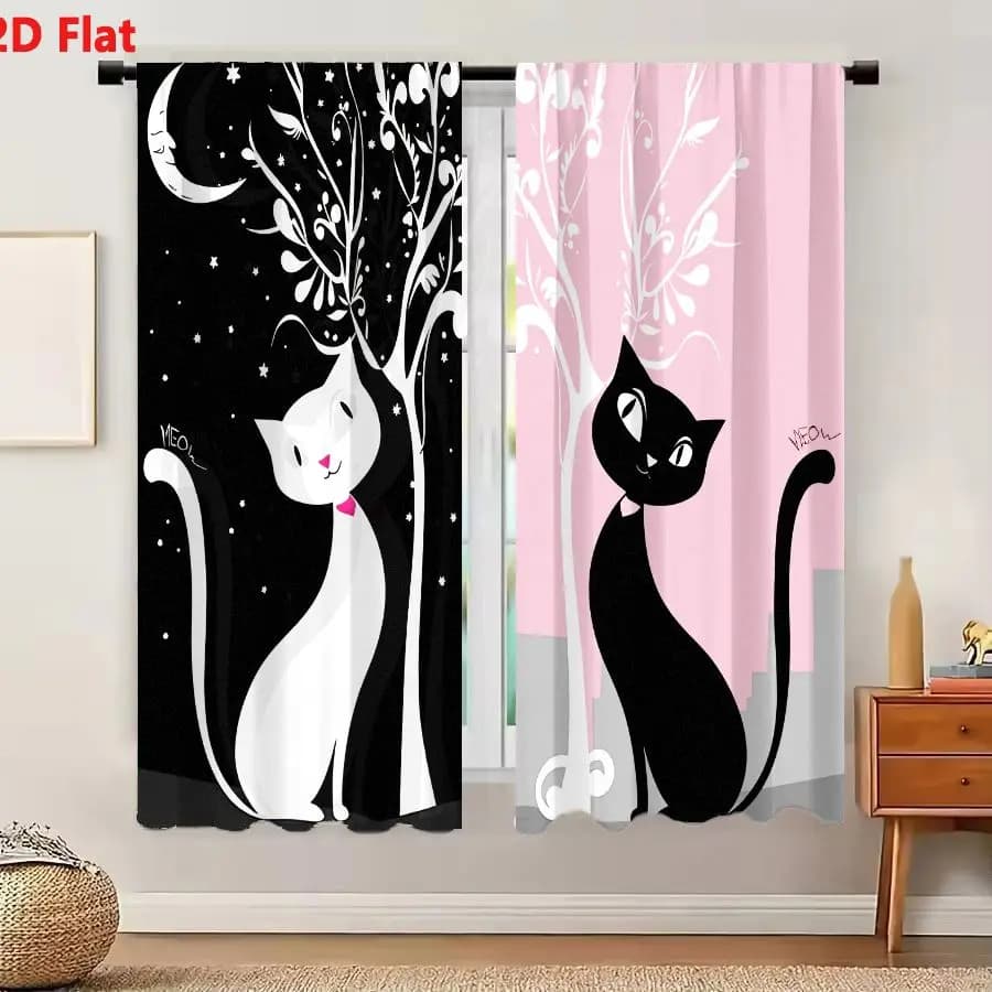 2Pcs Curtains 2D Flat Split Panel Illustration Of Black And White Cats With Bow Ties Beside Whimsical Trees Under Day And Night