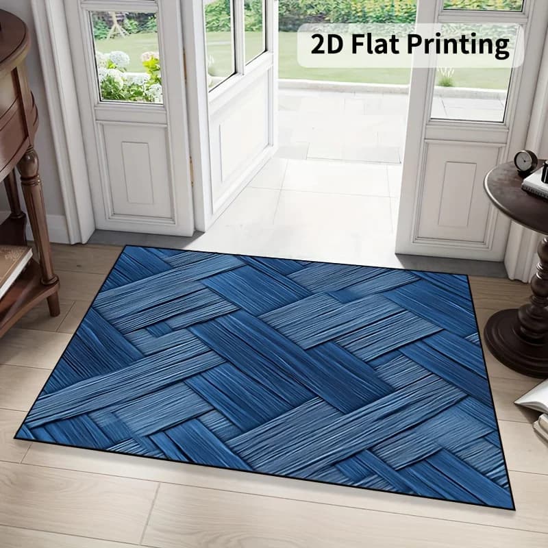 Blue Woven Pattern Doormat, Modern Geometric Indoor Outdoor Entrance Non Slip Rug, Washable Kitchen Entryway Carpet