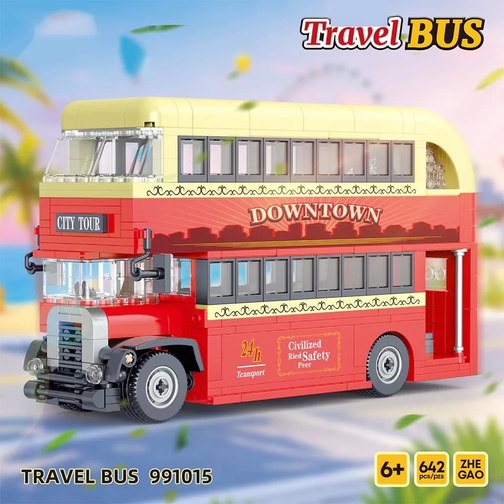 672PCS Double Travel Bus Building Blocks MOC City Retro Sightseeing Car Model Assembly Brick Puzzle Toys Children Birthday Gift