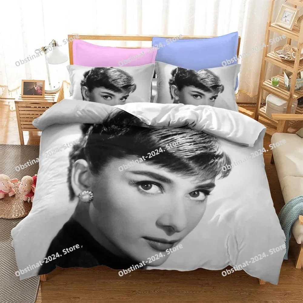 Set biancheria da letto Audrey Hepburn, regali decorativi stampati della dea dell'eleganza, copripiumino e federe in microfibra