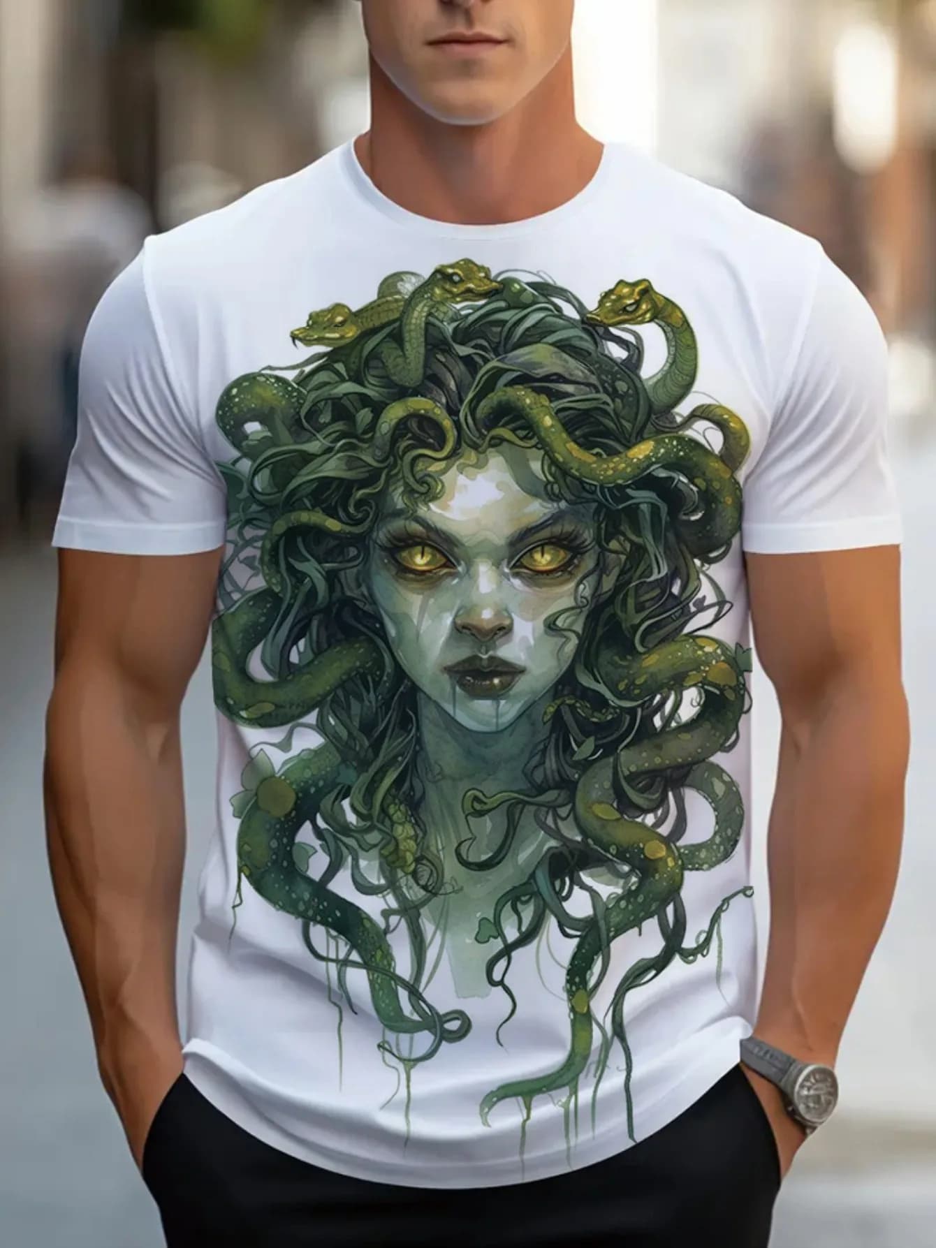 Men's short sleeved white t-shirt with Medusa pattern, made of light fabric
