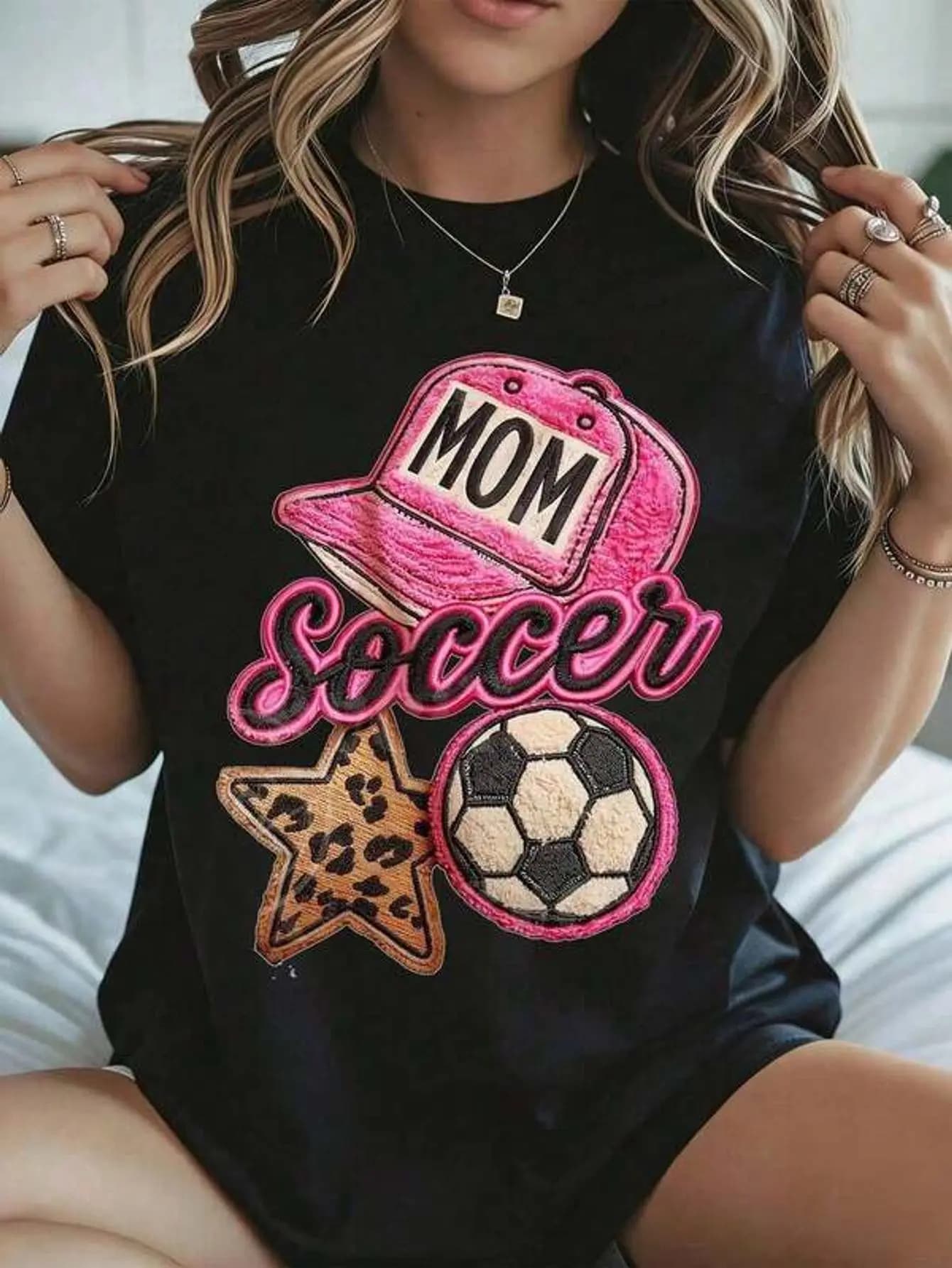 Soccer Mom T Shirt Mother S Day Pink Hat Soccer Ball And Leopard Star Design Black Casual Wear For Spring Summer,100% Cotton Material, Machine Washable