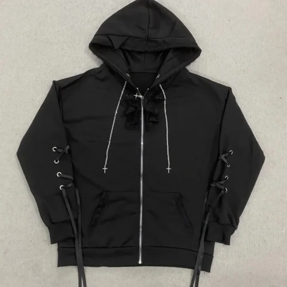 Autumn and winter new Gothic hooded loose personalized zipper cardigan niche lace patchwork zip up hoodie wholesale