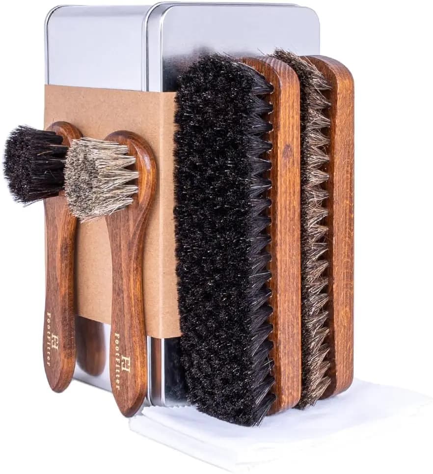 Set Essenziale di Spazzole per Lucidatura Scarpe in Crine di Cavallo, Kit per la Cura delle Scarpe con Spazzole e Panni per Lucidatura