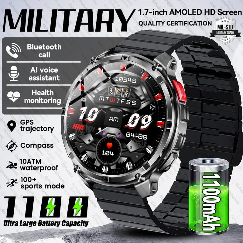 Orologio da uomo di grado militare 1100mAh grande batteria Smart Watch 1.7 "Schermo HD AI Chiamata vocale Orologio GPS Bussola Smartwatch sportivo impermeabile