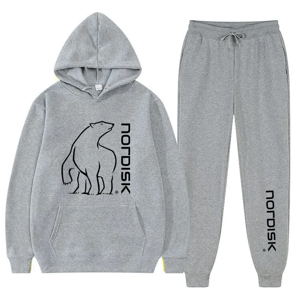 Men's and Women's Two-Piece Hoodie Set with Minimalist Line Print of Polar Bears, Multi-Color Pullover Hoodie and Drawstring
