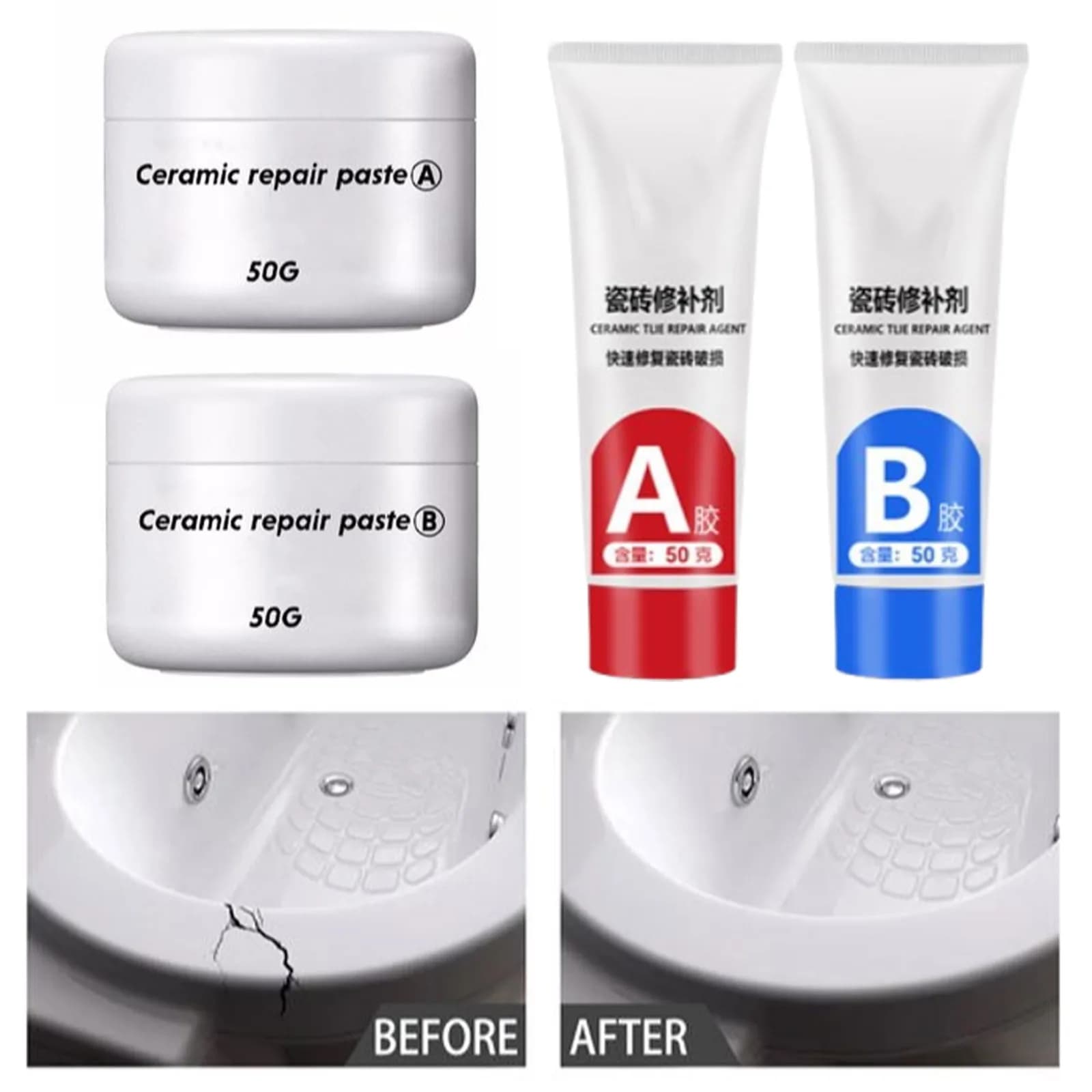 Adesivo per Riparazione Piastrelle 30/100g, Colla Ceramica AB, Adesivo per Riparazione Marmo, Pavimenti, Lavabi, WC, Sigillante per Riparazione Crepe