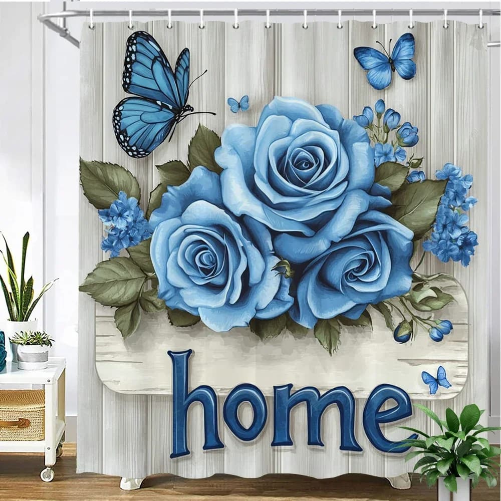 Bellissimi fiori di rosa blu con motivo a farfalla, tenda da doccia in tessuto stampato, tenda da bagno, decorazione per la casa con ganci