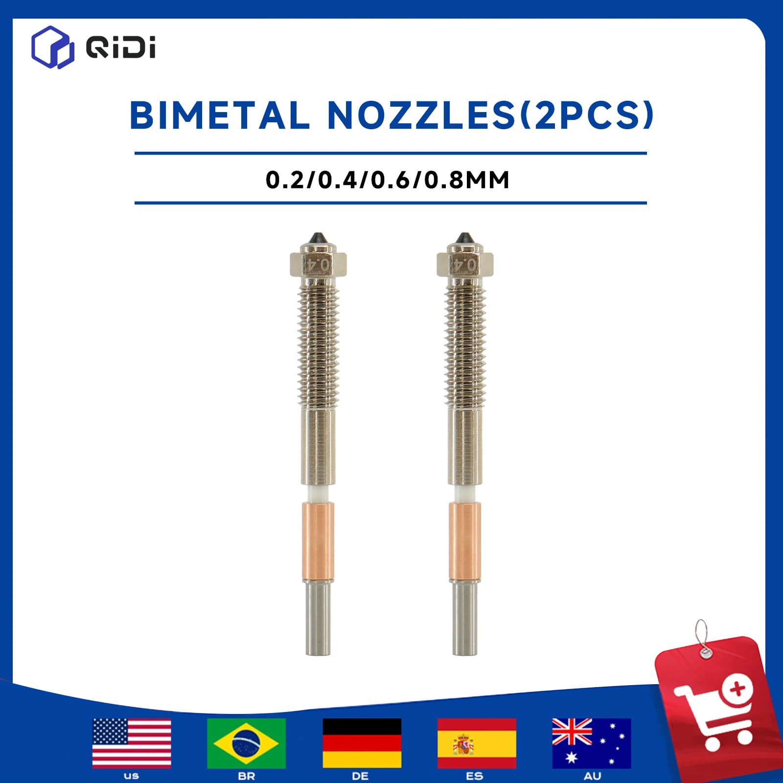 QIDI Max 4 3D Printer Bimetal Nozzle 2PCS High Speed Wear Resistant Hardened Steel Copper Hotend Nozzles Kit