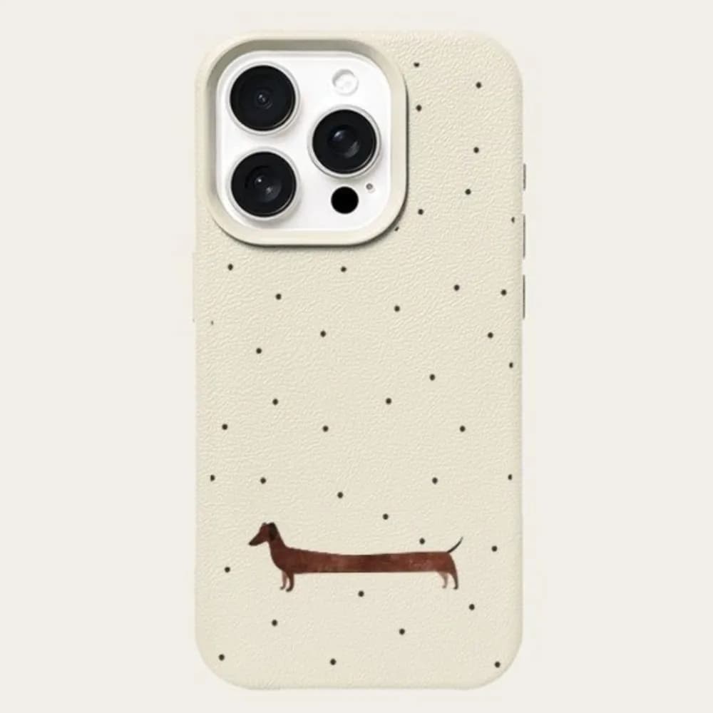 Custodia Minimalista per iPhone con Cane Bassotto a Pois, Estetica Crema, per iPhone 16 Pro Max, 17, 15, 14, 13, 12, 11
