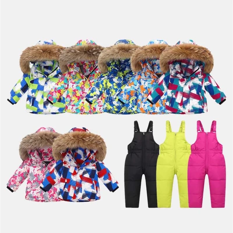 Winter Children Jacket Jumpsuits Outfit Thicken Warm Printed Ski Outerwear Faux Fur Hooded Coat 1-5Y Kids Down Jackets 2Pcs Set