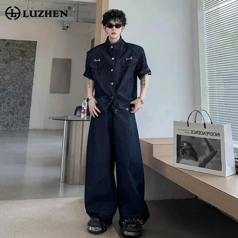 LUZHEN Handsome 2026 Summer New Denim Two-piece Sets Men's Trendy Multi Pockets Short Sleeve Shirts And Loose Male Jeans JY8055