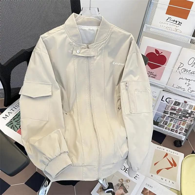 Giacca da Pilota Stile Americano, Nuova Tendenza Uomo, Cappotto Baseball Ampio con Tasche Decorative, Capospalla Autunnale per Adolescenti