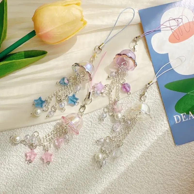 (.) Cute Jellyfish Wind Chime Pendant Keychain Mobile Phone Lanyard Bag Key Ring Decorative Accessories For Girls Christmas Gift