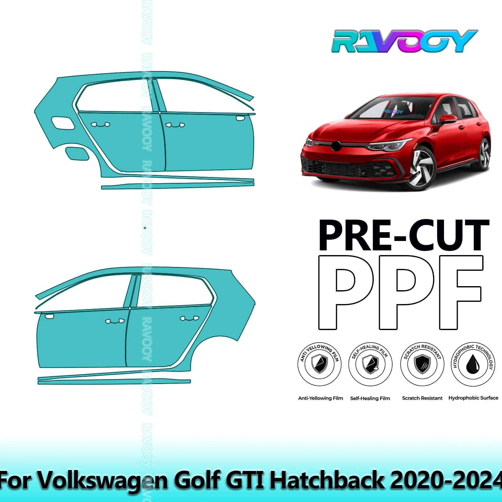 For Volkswagen Golf GTI Hatchback 2020-2024 8.5mil Transparent Pre-Cut PPF Door and Pillar A/B Kit TPU Paint Protection Film Set