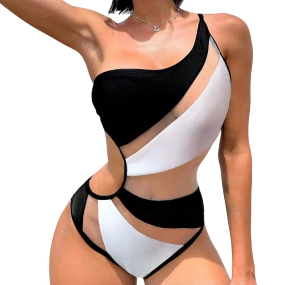 Costume da bagno intero da donna monospalla con inserti in rete e dettagli traforati, bianco e nero, per spiaggia