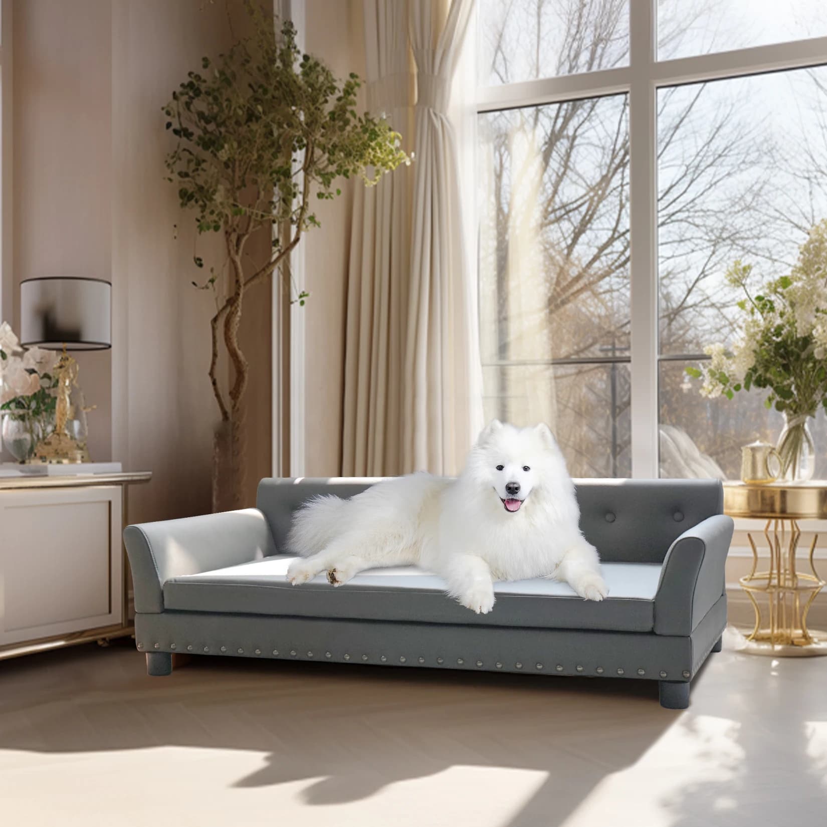 Tappetino per divano letto per cani rialzato, fodera in pelle microfibra per poltrona lounge accogliente per animali di grandi dimensioni con cuscino rimovibile