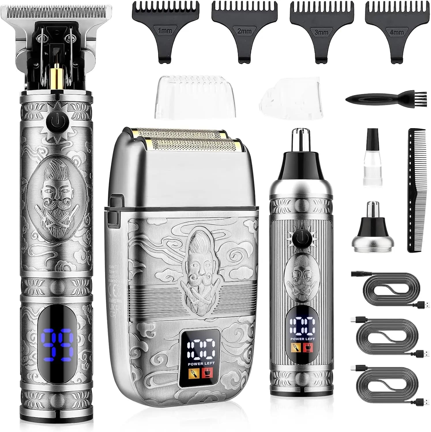 Professional Hair Trimmer for Men, Cordless T-Blade Beard Clipper, Electric Razor & Nose Trimmer Set - Silver Grooming Kit