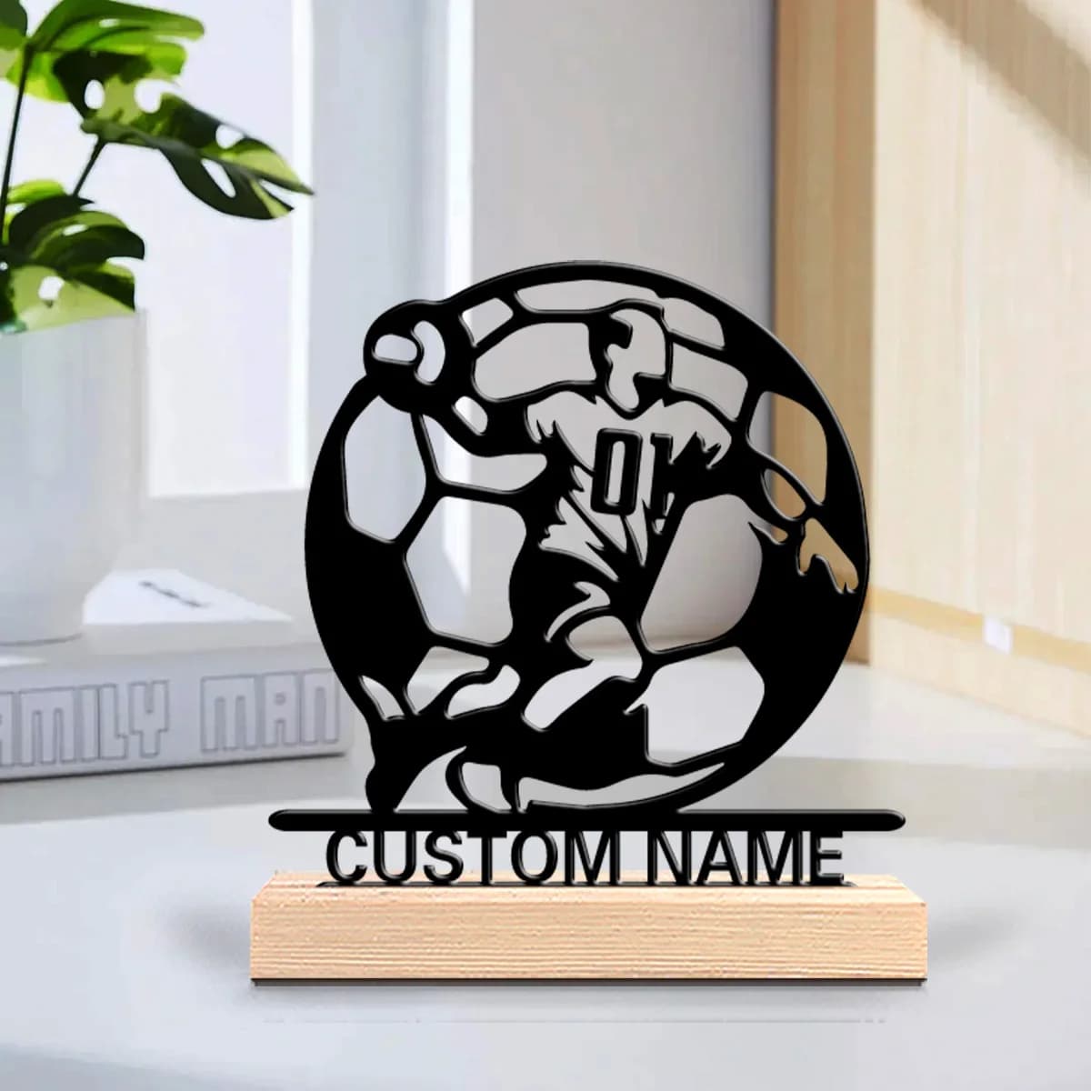 1 statuetta in metallo personalizzata con nuovo design per giocatore di pallavolo, decorazione da scrivania con base in legno, adatta per uffici, B