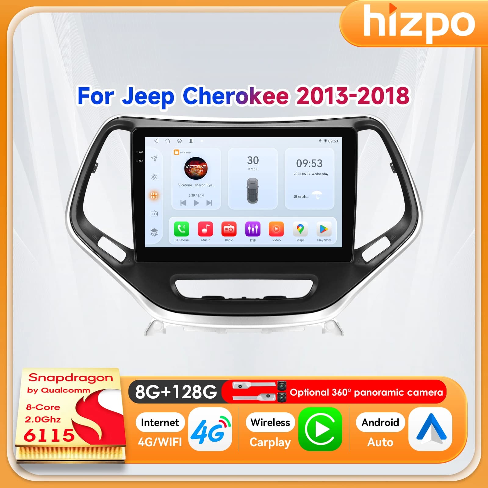 Hizpo 10.1" Android 14 Car Radio For Jeep Cherokee 2013 2014 2015 2016 2017 2018 Navigation Player Autoradio Smart Monitor ADAS