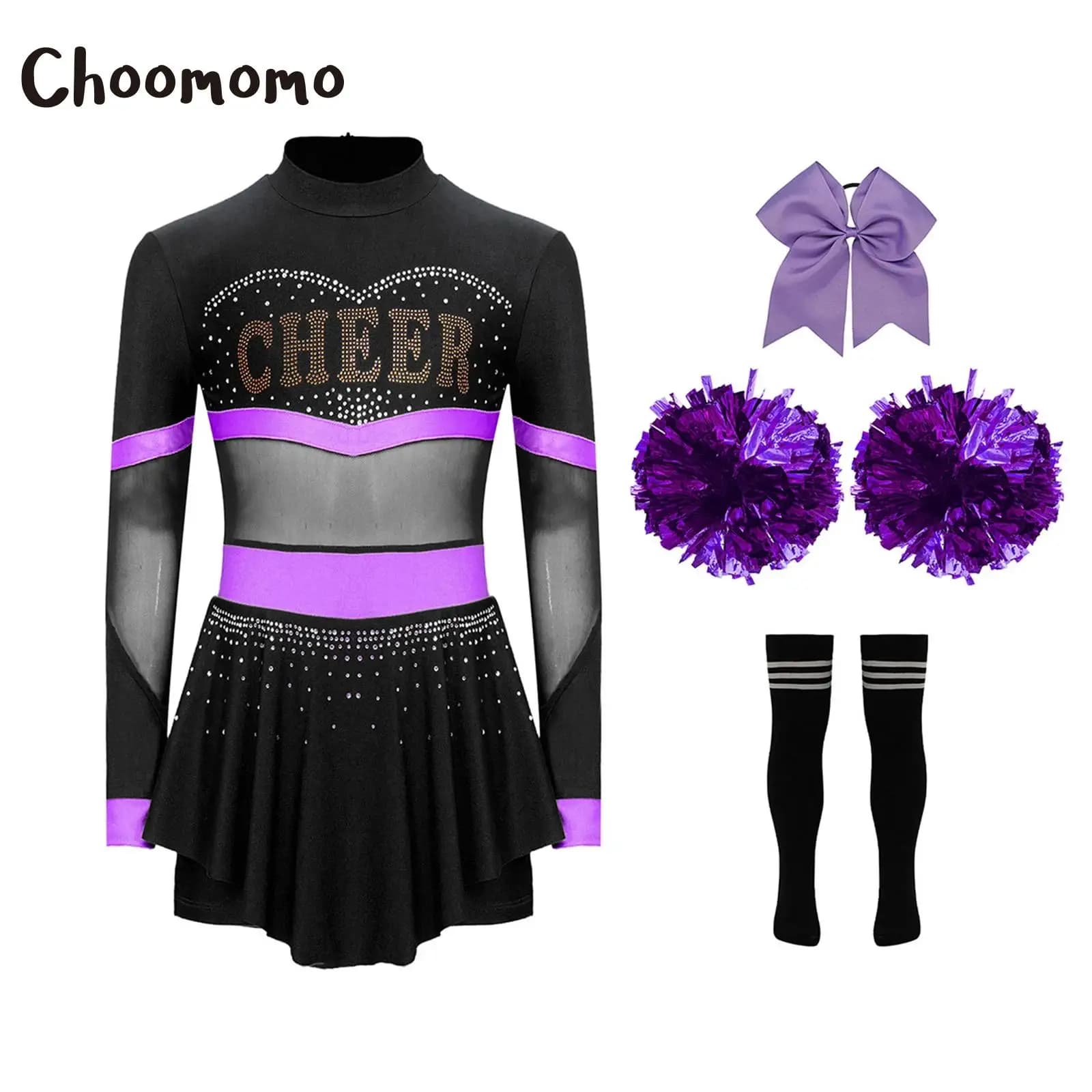Costumi da Cheerleader per Ragazze, Abito Leotard a Maniche Lunghe + Calzini a Righe con Fiore, Uniforme per Squadra Scolastica di Cheerleading