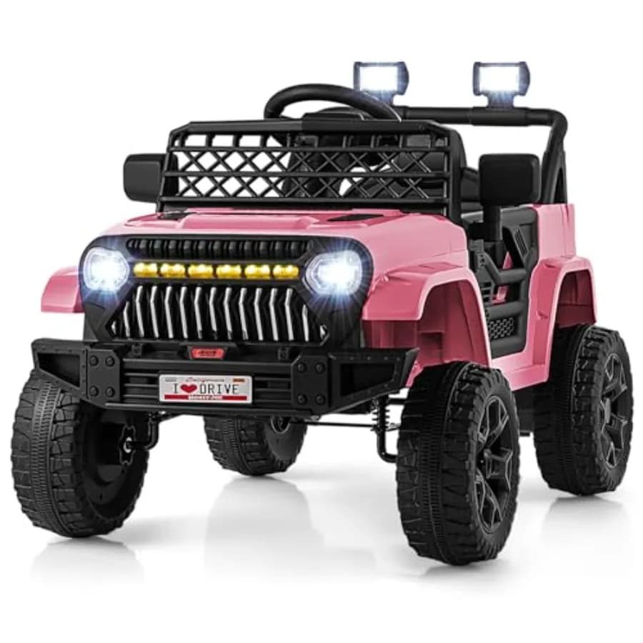 Camion Elettrico Cavalcabile per Bambini, Veicolo Elettrico a Batteria 12V con Luci LED e Musica, Carrozzeria in Plastica Rosa, Cintura di Sicurezza
